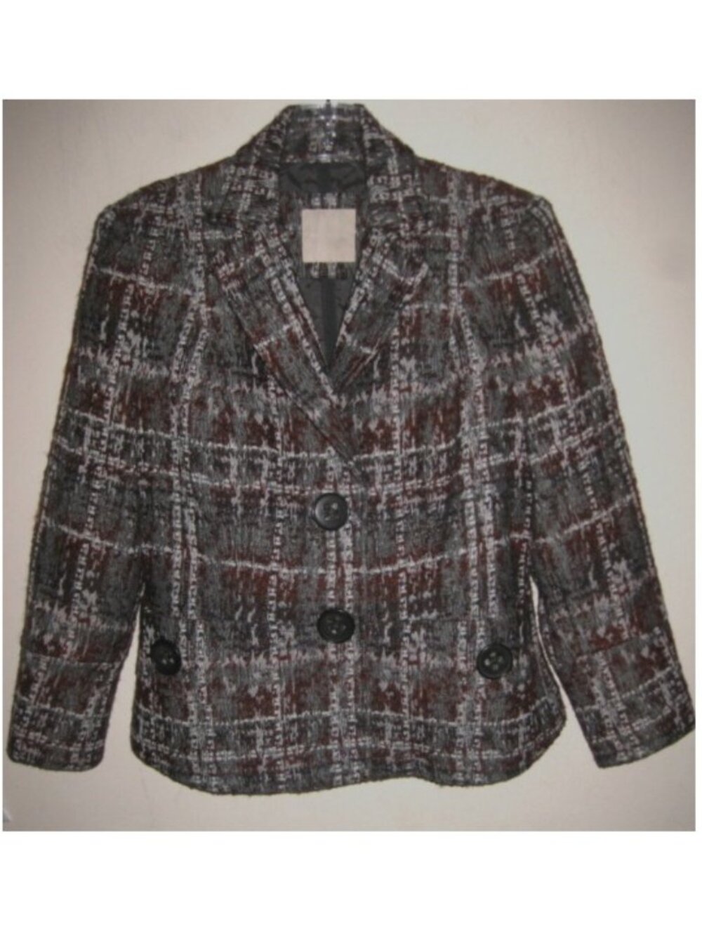 Magaschoni plaid jacket 8 Wool blend Brown Gray Tweed Buttons Blazer Lined